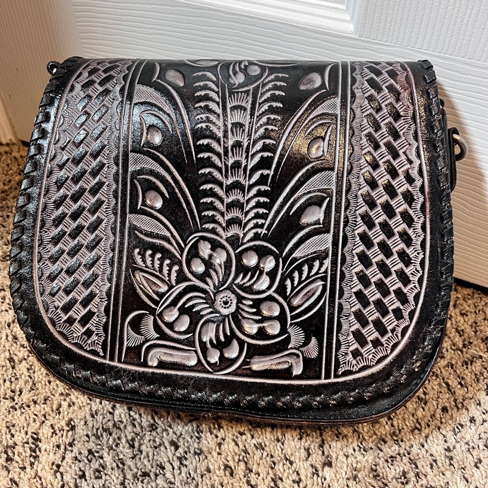 Large Black tooled Leather crossbody Bag